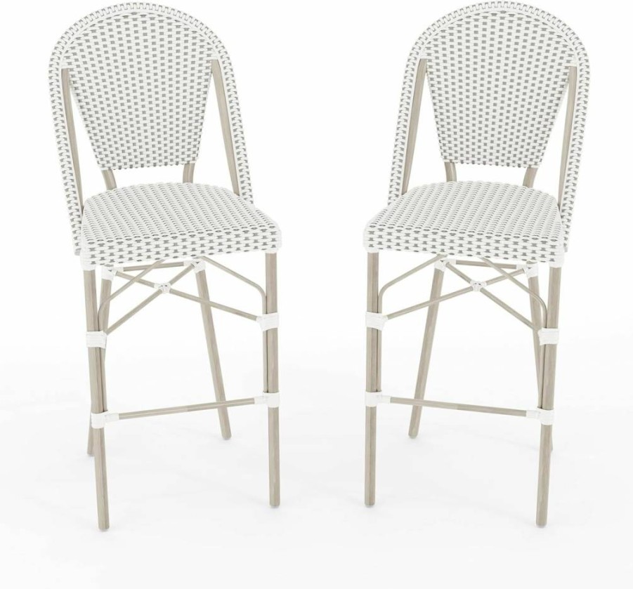 Martha Stewart Stackable Indoor-Outdoor Bar Stools Set of 2 - Gray Woodgrain Aluminum Frame with White Woven Rattan Seats