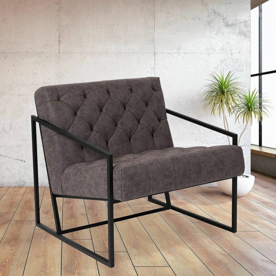 Flash Furniture Hercules Series Tufted LeatherSoft Lounge Chair - Retro Black Accent Chair for Living Room, Office, or Den