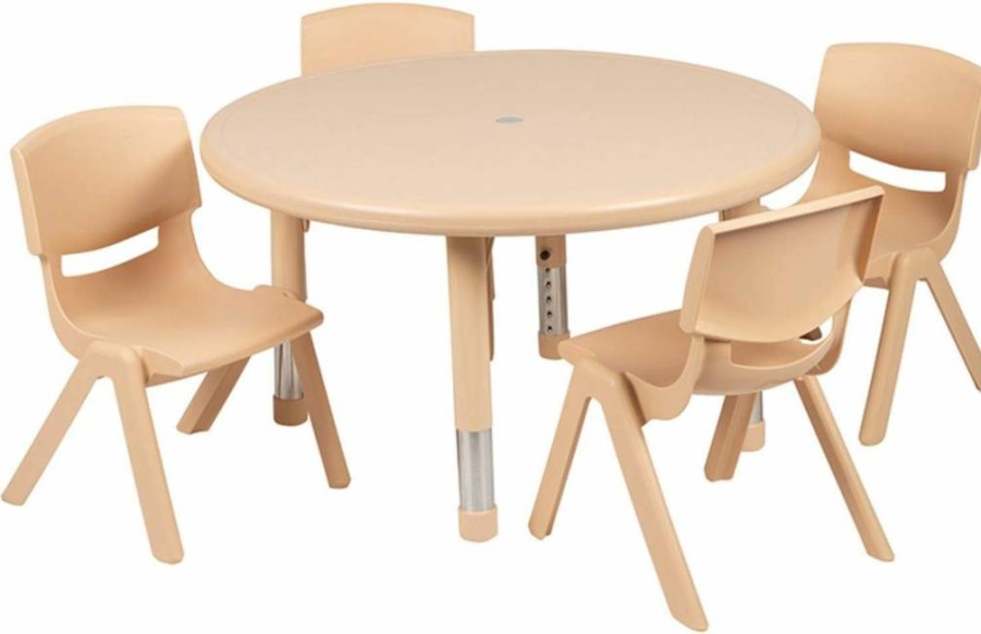 Flash Furniture Emmy 33-Inch Round Adjustable Height Kids Table and 4 Chairs Set, Green Plastic Activity Table for Classroom or Home