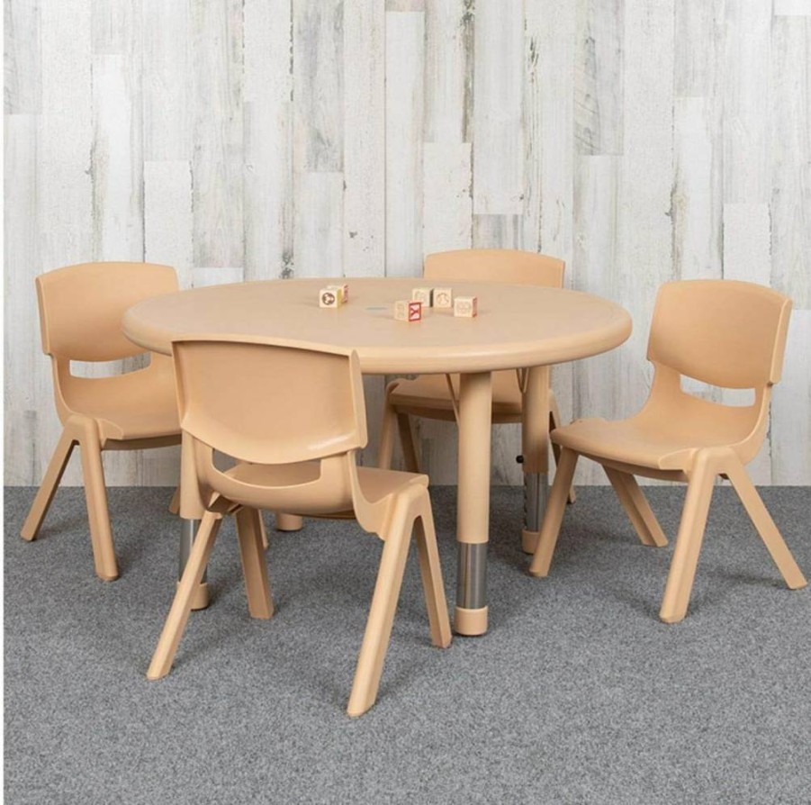 Flash Furniture Emmy 33-Inch Round Adjustable Height Kids Table and 4 Chairs Set, Green Plastic Activity Table for Classroom or Home