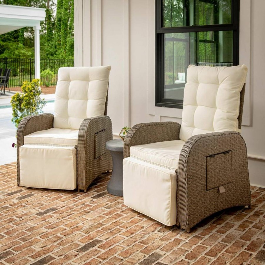 Flash Furniture 2-Piece Nemo Indoor/Outdoor Wicker Recliner Set with Side Tables, Beige/Brown Rattan Lounge Chairs for Patio