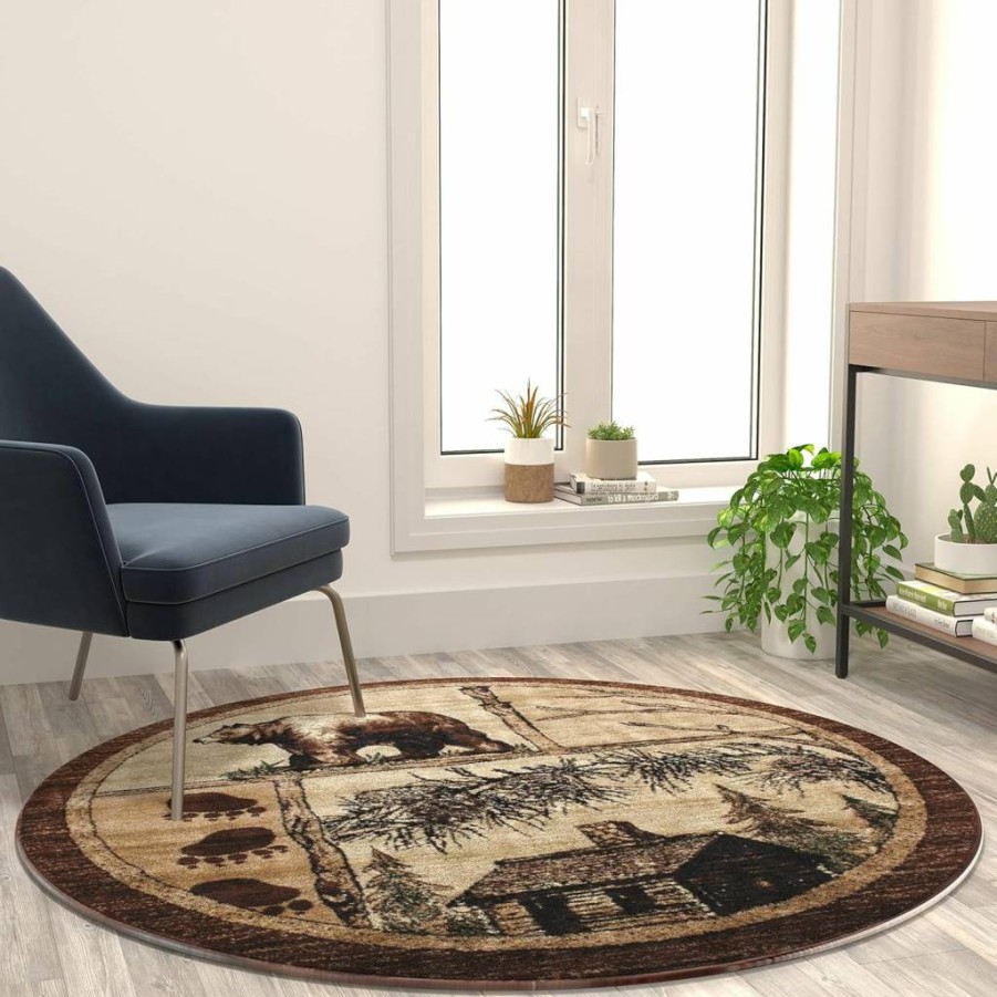 Flash Furniture Vale Rustic Brown Wildlife Area Rug 6x6 - Nature Inspired Olefin Rug with Jute Backing for Living Room, Bedroom, Entryway
