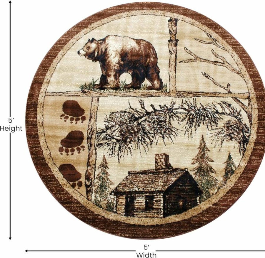 Flash Furniture Vale Rustic Brown Wildlife Area Rug 6x6 - Nature Inspired Olefin Rug with Jute Backing for Living Room, Bedroom, Entryway