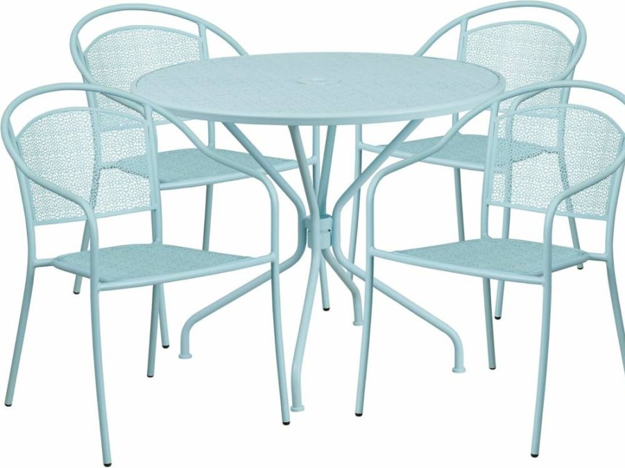 Flash Furniture 35-inch Round White Steel Patio Dining Set with 4 Chairs – Indoor-Outdoor Commercial Grade Table