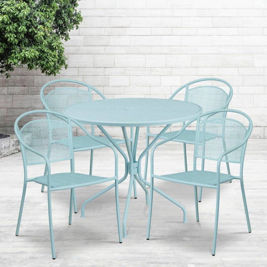 Flash Furniture 35-inch Round White Steel Patio Dining Set with 4 Chairs – Indoor-Outdoor Commercial Grade Table