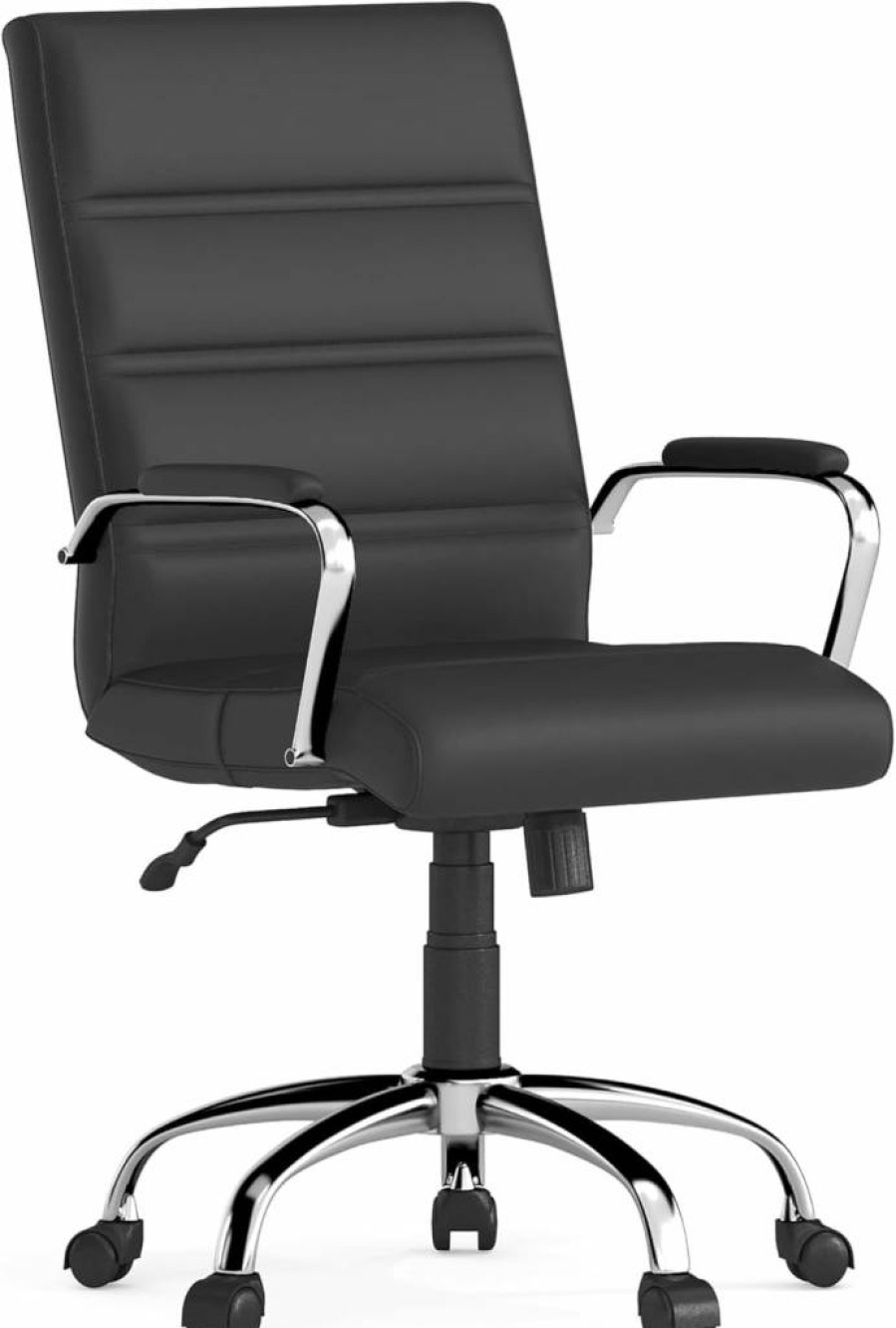 Flash Furniture Whitney Mid-Back Swivel Office Chair with Adjustable Height, Padded Seat & Armrests, Leathersoft Gray & Chrome Design for Comfortable Workspace
