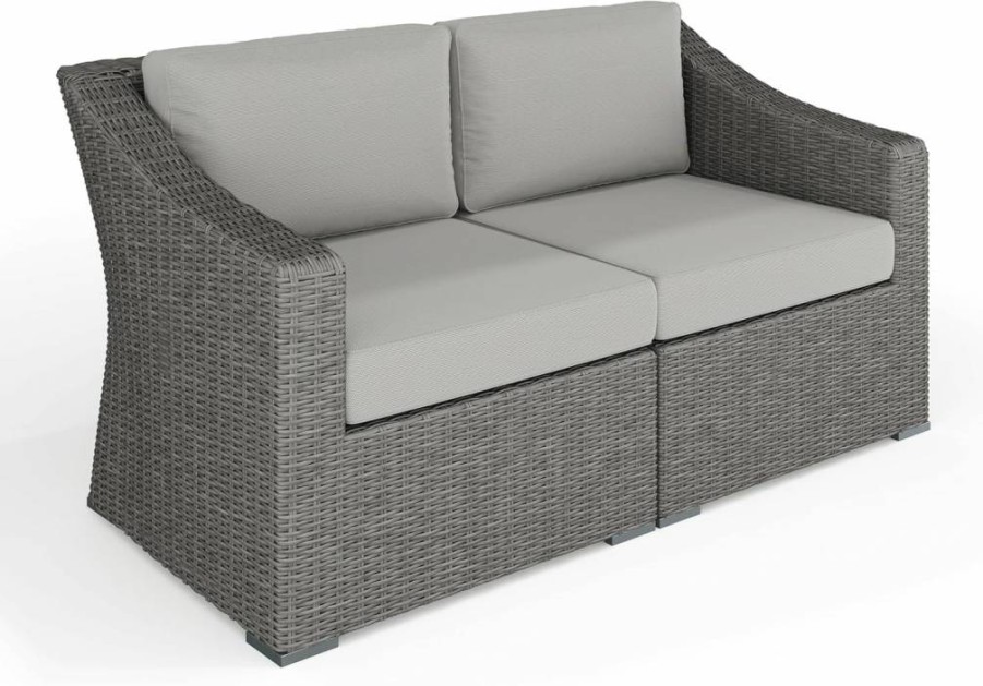 Martha Stewart Bedford Gray Modular Loveseat for Patio - Indoor-Outdoor Rattan Wicker Design with All-Weather Cushions