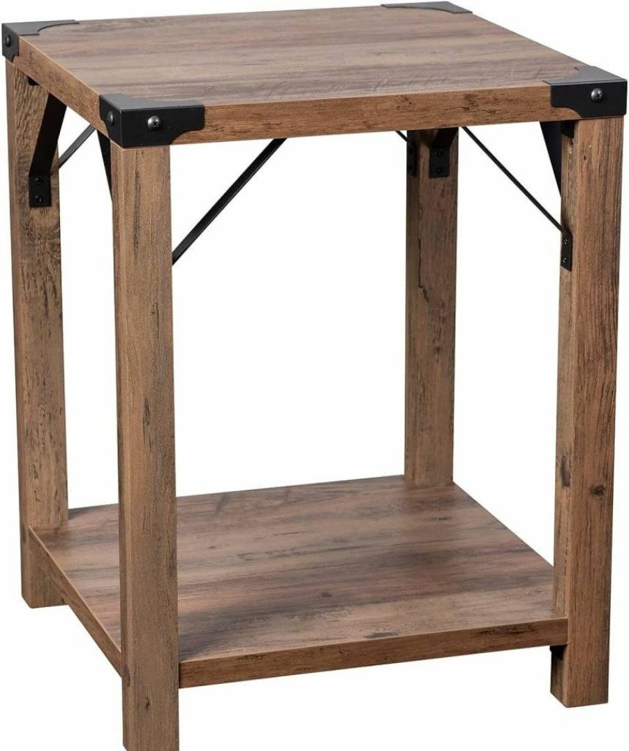 Flash Furniture Wyatt Modern Farmhouse Side Table - Gray Wash Wood Frame with Black Metal Crisscross Design, 2-Tier Accent Table