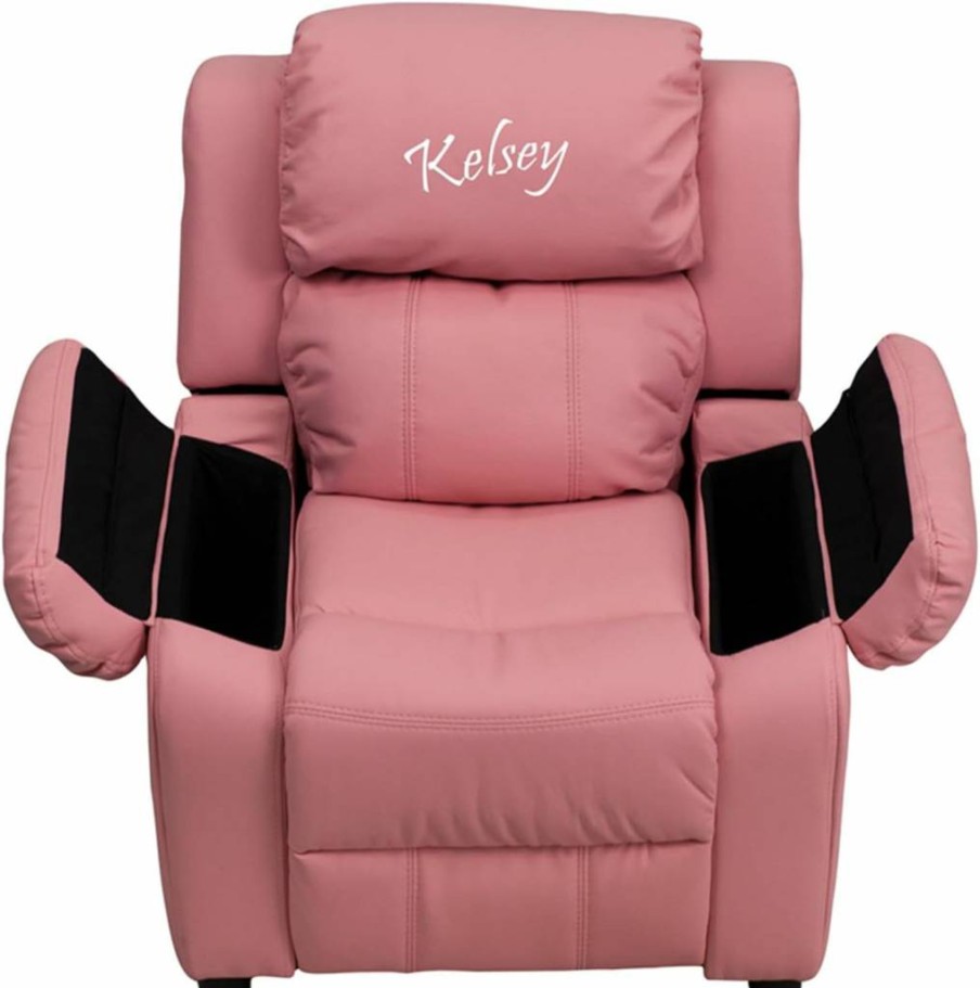 Flash Furniture BT-7985 Kids Pink Recliner Chair with Storage Arms - Personalized Deluxe Padded Vinyl Recliner for Children