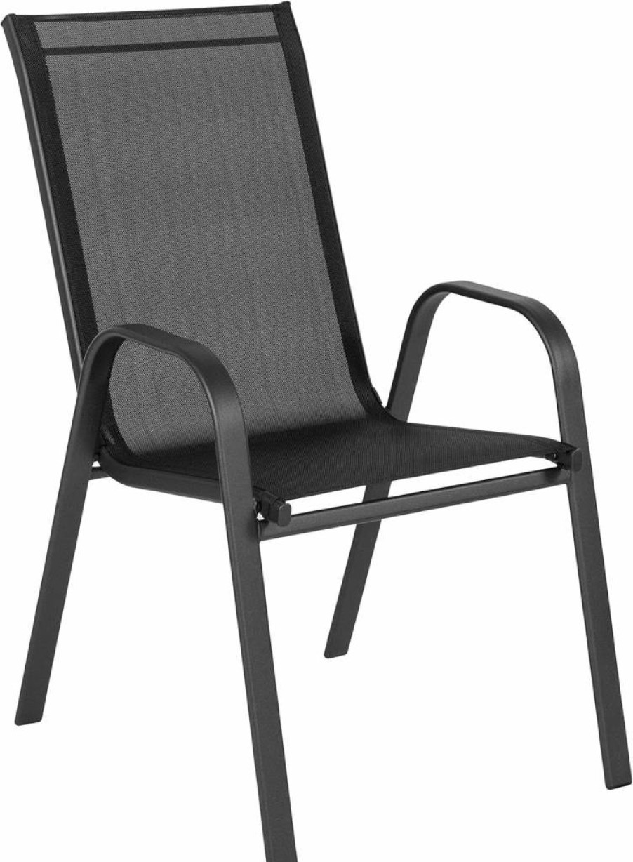 Flash Furniture Brazos Series 4-Piece Outdoor Stackable Patio Chairs Set - Navy Flex Comfort Sling Design, Modern Weather-Resistant Dining Chairs for Deck, Pool & Garden