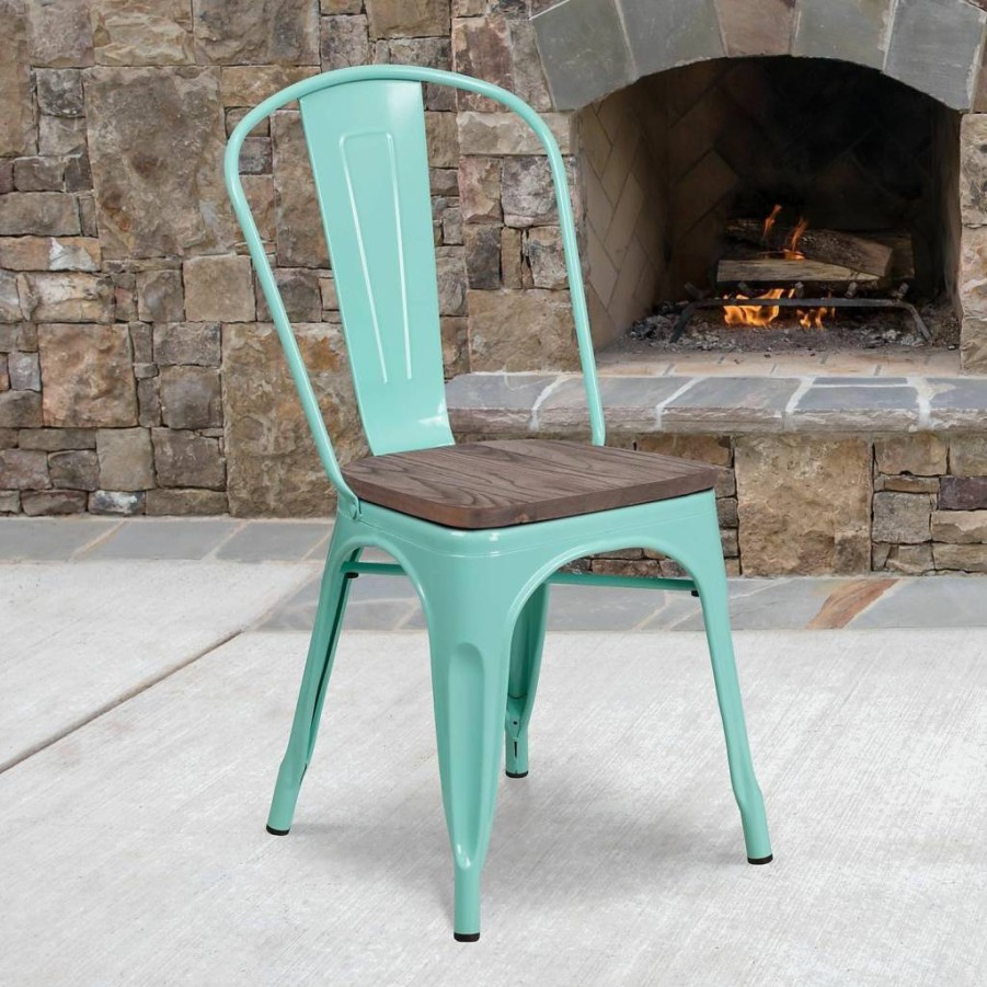 Flash Furniture Tenley Copper Metal Stackable Chair with Solid Wood Seat - Modern Industrial Style Dining Chair for Home or Office