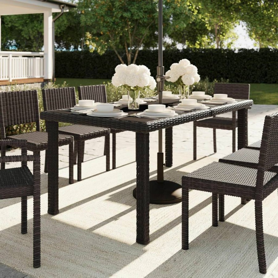 Martha Stewart 71" Gray Faux Wood Patio Table with Rattan Wicker Finish for Indoor and Outdoor Use