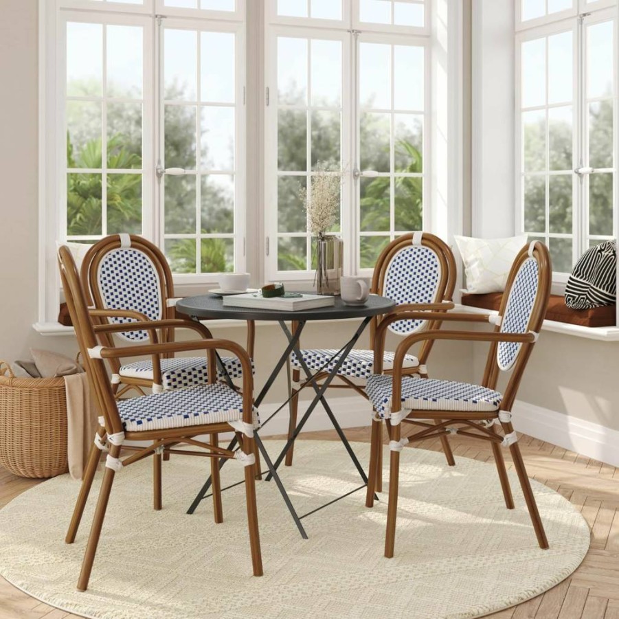 Flash Furniture 2-Pack White/Gray Rattan Bistro Chairs with Bamboo Print Metal Frame – Indoor/Outdoor Stackable Thonet-Style Commercial Chairs with Arms