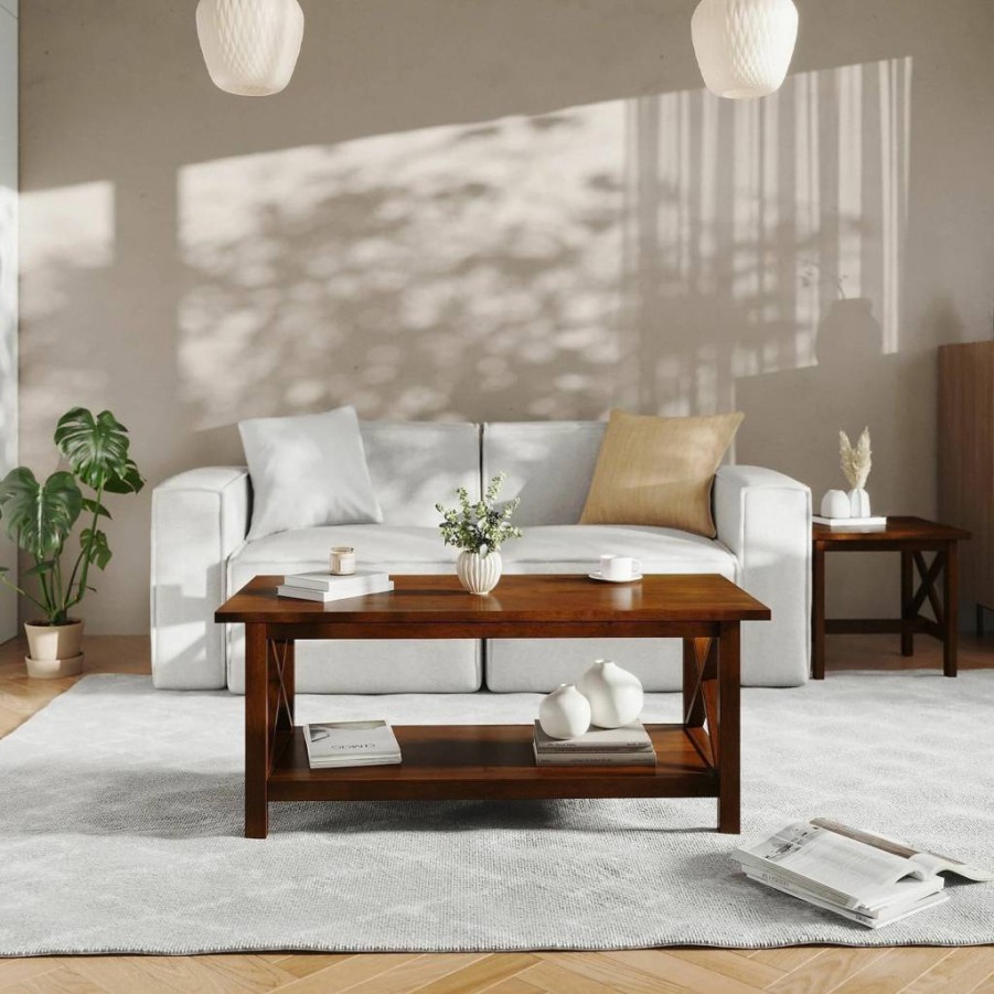 Flash Furniture Jasper Farmhouse Solid Wood Coffee Table - Rustic X-Frame Design Walnut Finish, 19.75" Height for Living Room, Bedroom & Home Office