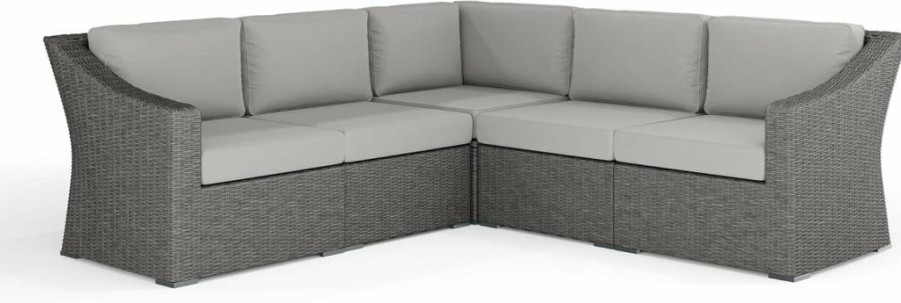 Martha Stewart Bedford Modular Sectional Sofa - Indoor/Outdoor 5-Piece Set with Gray Rattan Wicker Frame & All-Weather Cushions