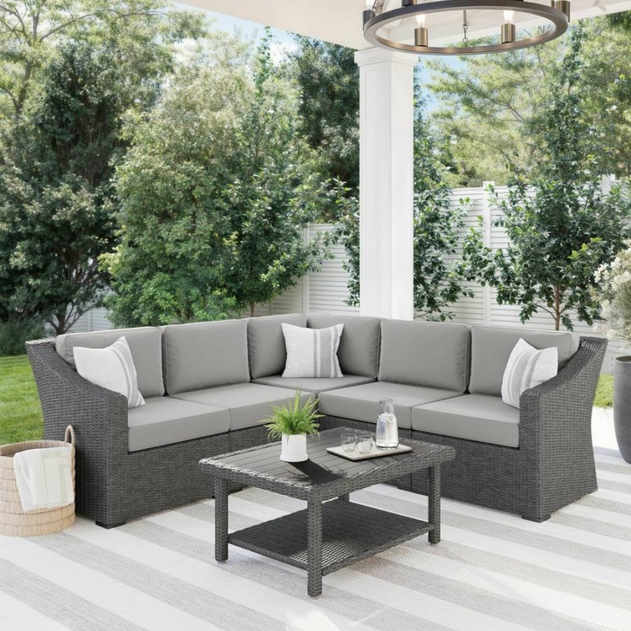 Martha Stewart Bedford Modular Sectional Sofa - Indoor/Outdoor 5-Piece Set with Gray Rattan Wicker Frame & All-Weather Cushions