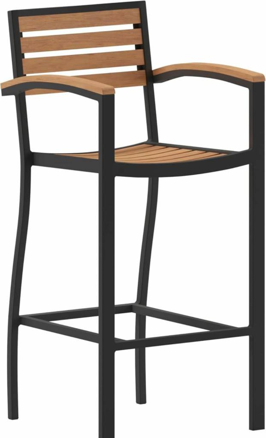 Flash Furniture Lark Commercial Outdoor Bar Stool - Gray Wash Faux Wood Slats, Aluminum Frame with Arms, Bar Height All-Weather Stool