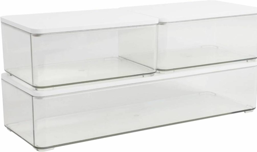 Martha Stewart 3-Piece Clear Plastic Stackable Storage Box Set with White Wood Lids – Grady Collection