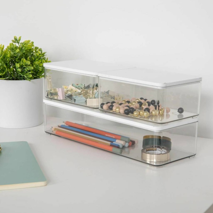 Martha Stewart 3-Piece Clear Plastic Stackable Storage Box Set with White Wood Lids – Grady Collection