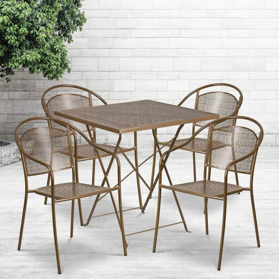 Flash Furniture 28" Square Steel Folding Table Set with 4 Round Back Chairs for Indoor-Outdoor Patio Use