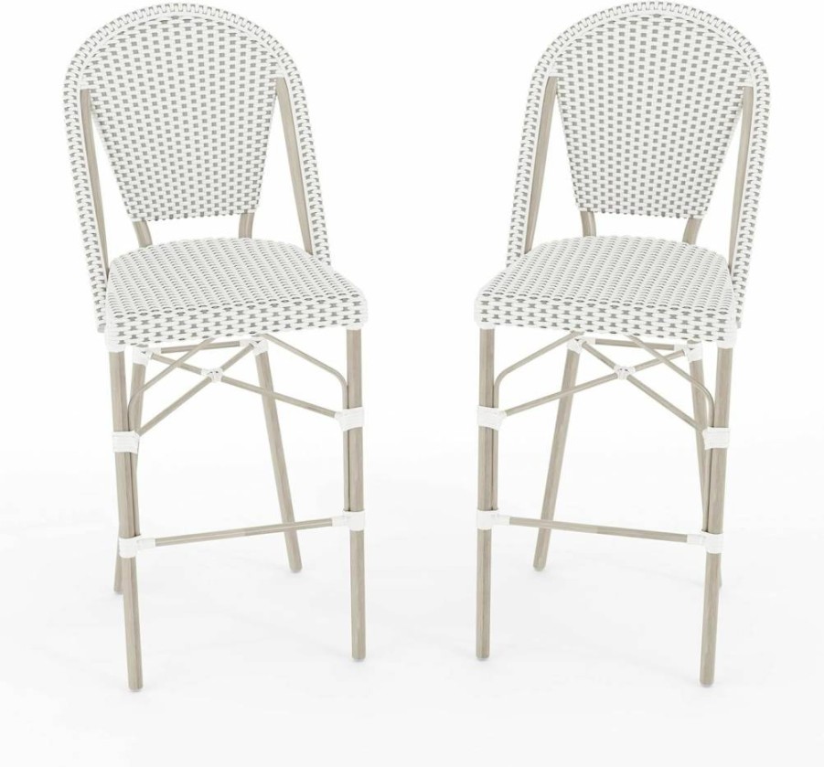 Martha Stewart Stackable Indoor-Outdoor Bar Stools Set of 2 - White/Navy Woven Rattan Seats with Woodgrain Aluminum Frame