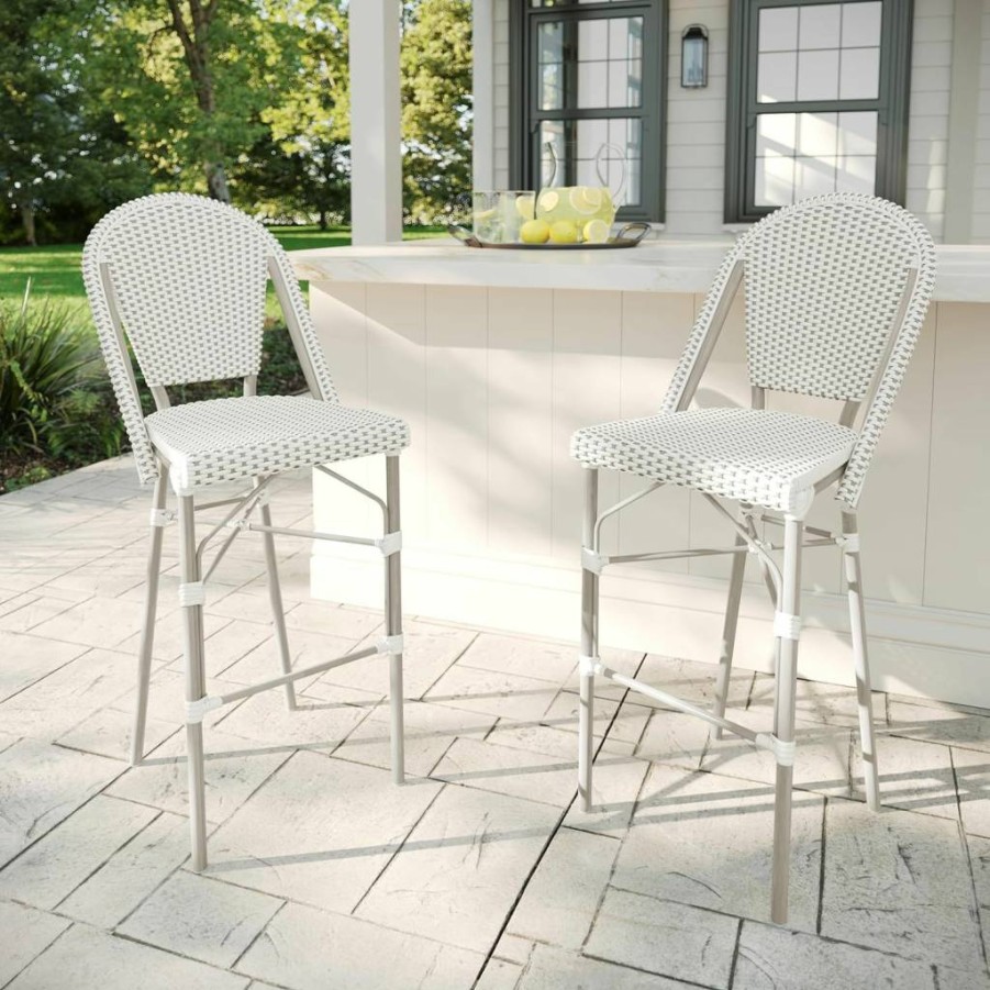 Martha Stewart Stackable Indoor-Outdoor Bar Stools Set of 2 - White/Navy Woven Rattan Seats with Woodgrain Aluminum Frame