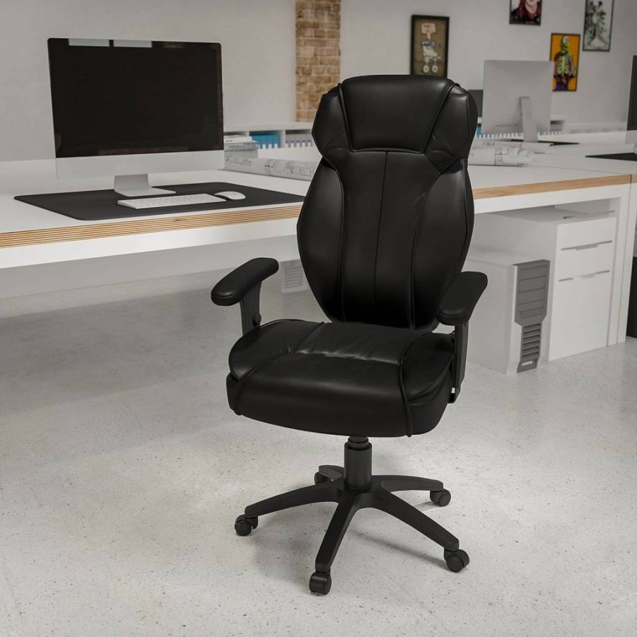 Flash Furniture Hansel High-Back Executive Office Chair - Ergonomic Swivel Design with Lumbar Support & Adjustable Arms in Black LeatherSoft