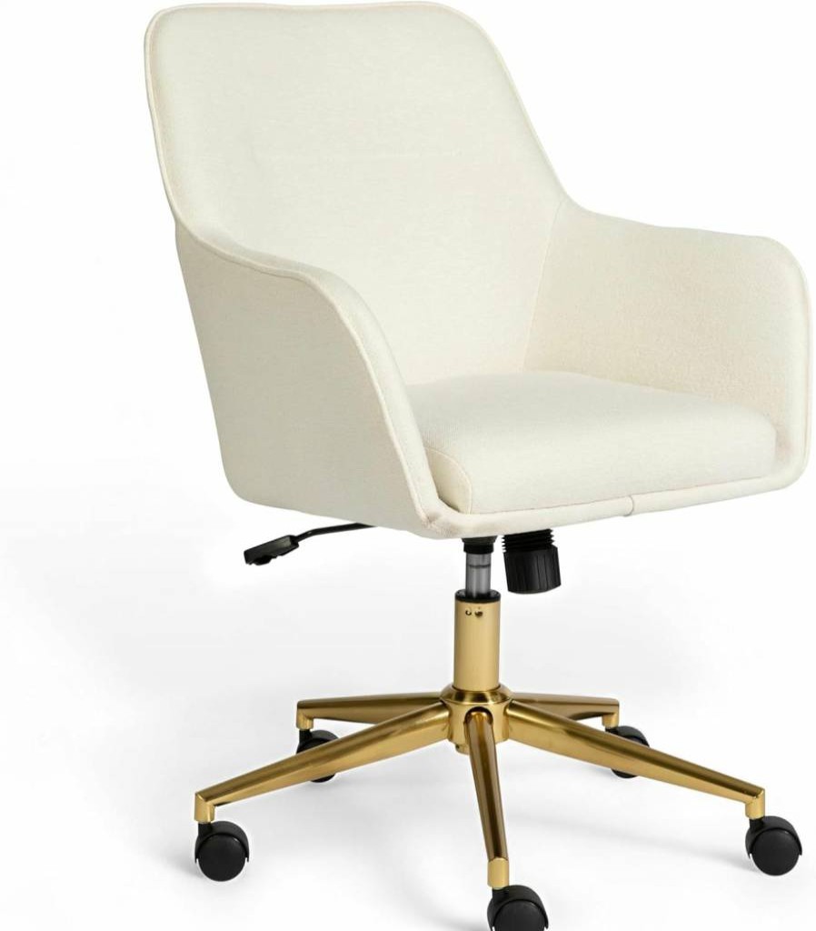 Martha Stewart Rayna Swivel Office Chair - White Boucle Upholstery, Oil Rubbed Bronze Frame, Flared Arms, Ergonomic Home Task Chair