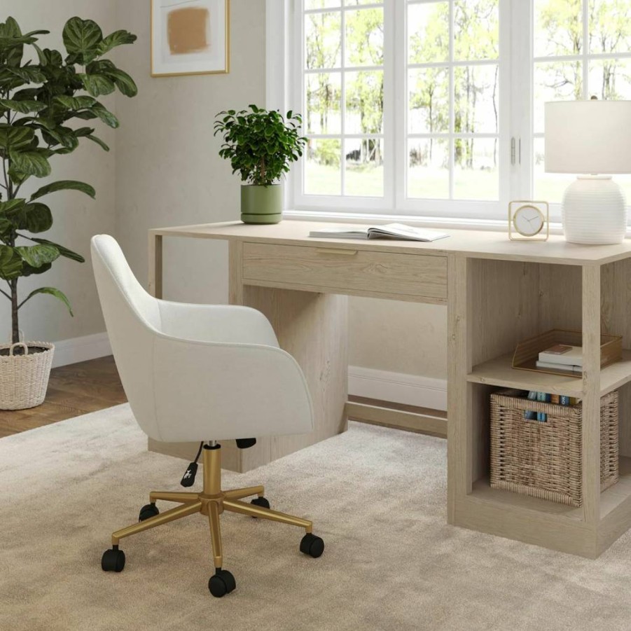 Martha Stewart Rayna Swivel Office Chair - White Boucle Upholstery, Oil Rubbed Bronze Frame, Flared Arms, Ergonomic Home Task Chair