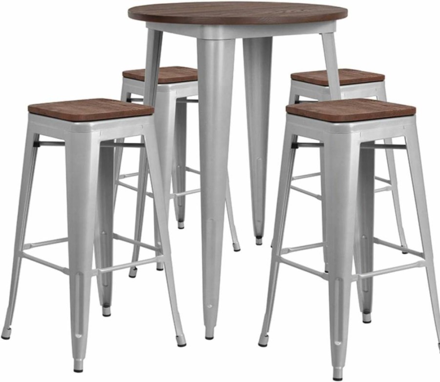 Flash Furniture 30-Inch Round Silver Metal Bar Table Set with Wood Top and 4 Backless Bar Stools