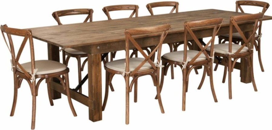 Flash Furniture Hercules Series 9-Foot Antique Rustic Farm Table Set with 8 Cross Back Chairs and Cushions, Folding Dining Set for Kitchen or Dining Room