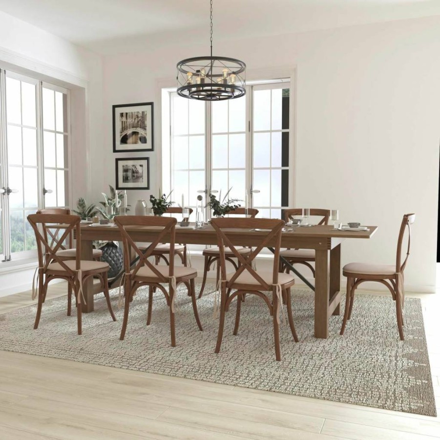 Flash Furniture Hercules Series 9-Foot Antique Rustic Farm Table Set with 8 Cross Back Chairs and Cushions, Folding Dining Set for Kitchen or Dining Room