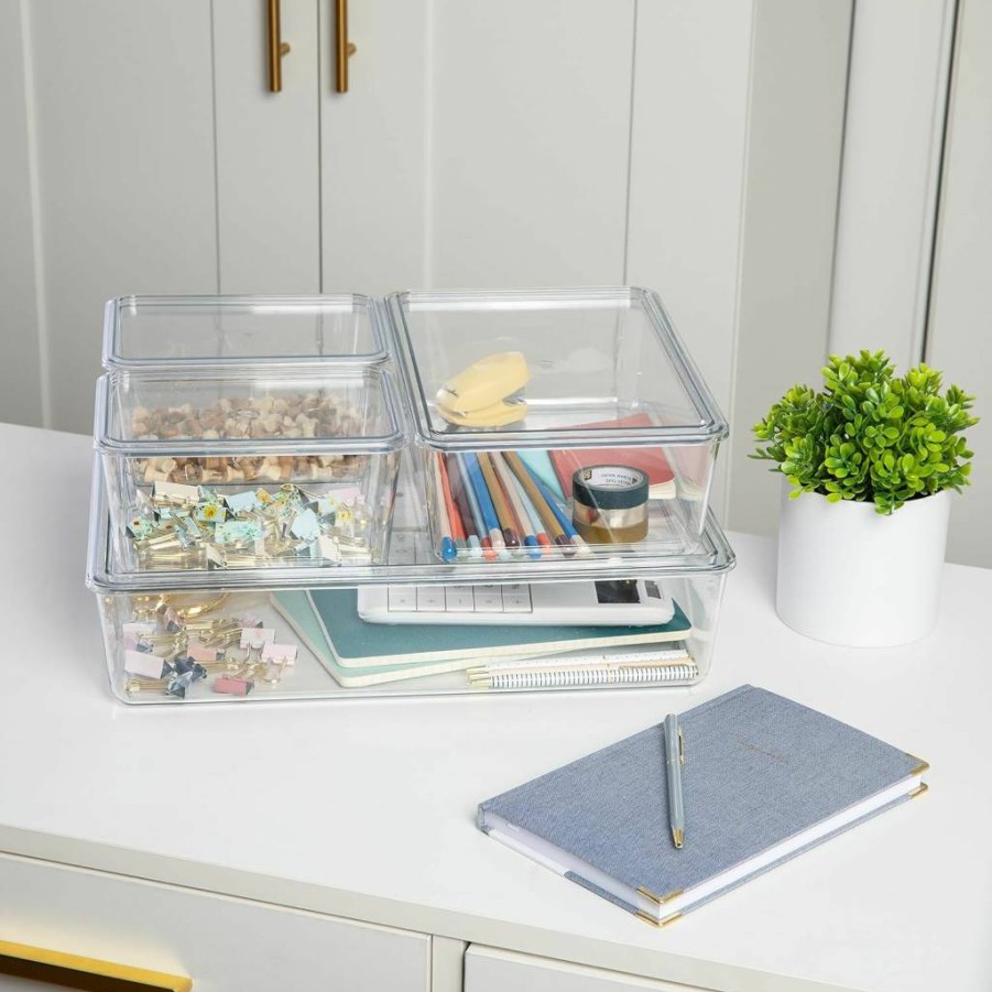 Martha Stewart 4-Pack Clear/White Plastic Storage Bins with Lids - Small, Medium, Large Organizers for Home, Office, Kitchen, Bathroom