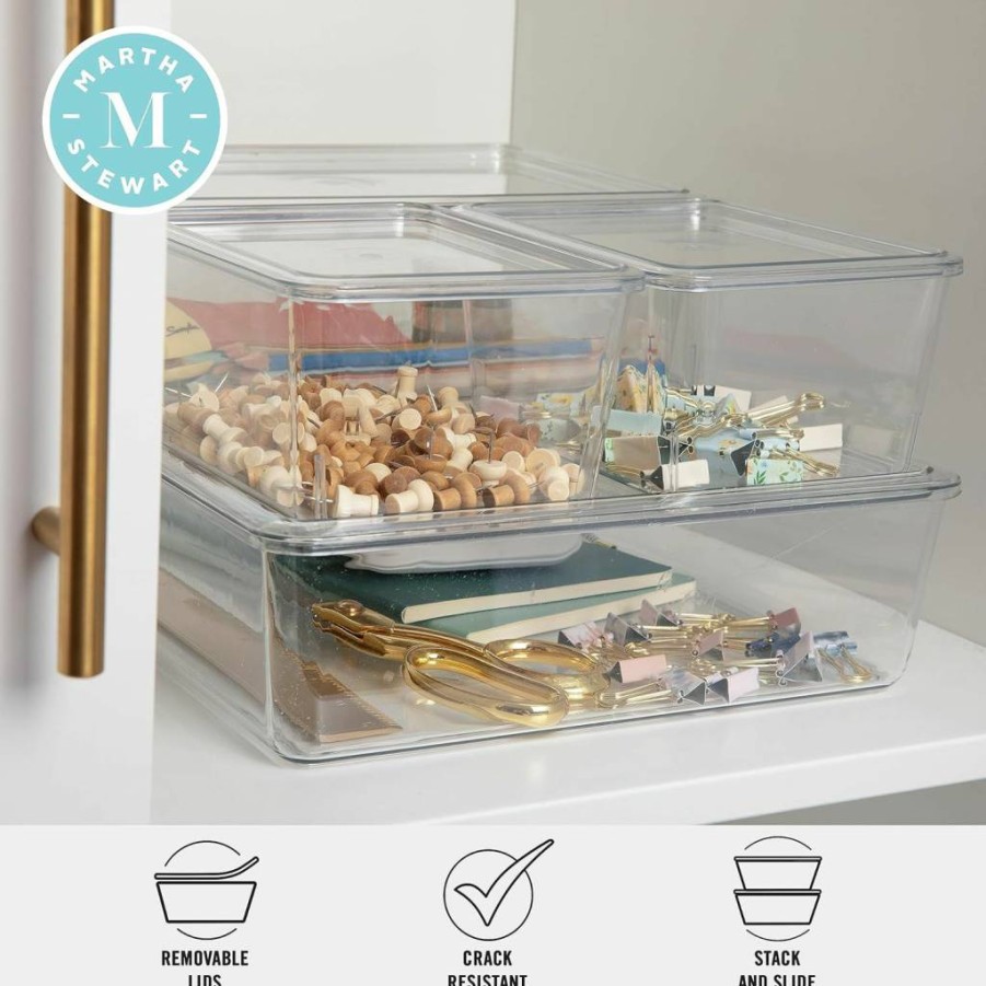 Martha Stewart 4-Pack Clear/White Plastic Storage Bins with Lids - Small, Medium, Large Organizers for Home, Office, Kitchen, Bathroom
