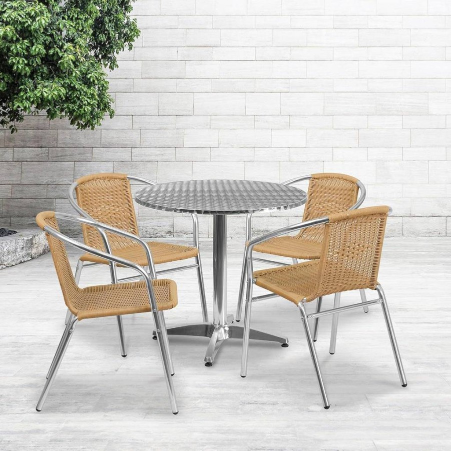Flash Furniture 31.5" Round Aluminum Patio Dining Set with 4 Dark Brown Wicker Chairs for Indoor and Outdoor Use