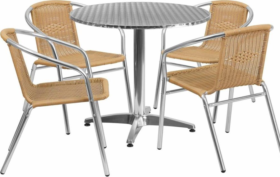 Flash Furniture 31.5" Round Aluminum Patio Dining Set with 4 Dark Brown Wicker Chairs for Indoor and Outdoor Use