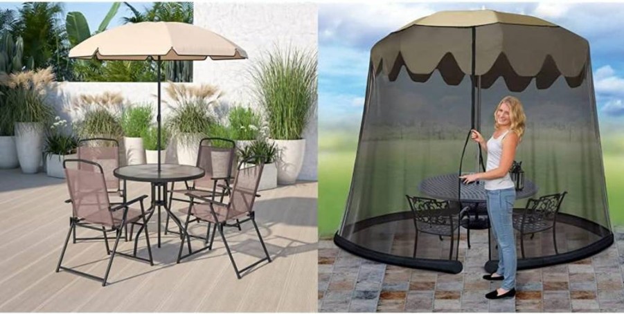 Flash Furniture Nantucket 6-Piece Brown Patio Set with 4 Folding Chairs & 9-Foot Black Outdoor Umbrella Table