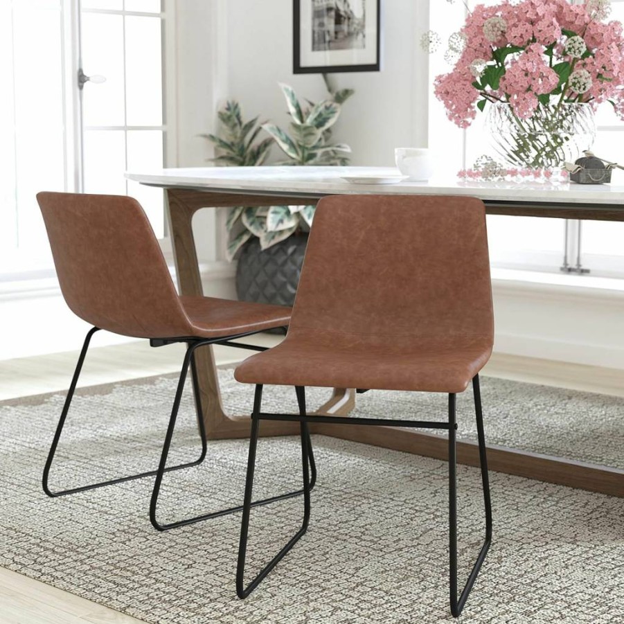 Flash Furniture 18" Leathersoft Dining Chairs Set of 2 - Mid-Century Modern Bucket Seat Height Chairs, Light Gray & Black